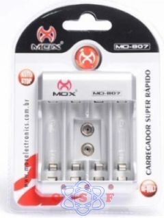 Carregador MOX MO-CP50 Bi Volt Auto Stop Carga Super Rapida para Pilhas AAA/AA e Bateria 9V