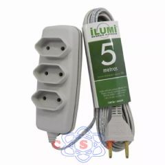 Extenso Ilumi 3 Tomadas 5 Metros Cordo Paralelo Branco 2x0,75 10A 2 Pinos