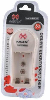 Mini Carregador Rápido para 2 pilhas AA ou 2 AAA ou 1 bateria 9V MOX MO-806